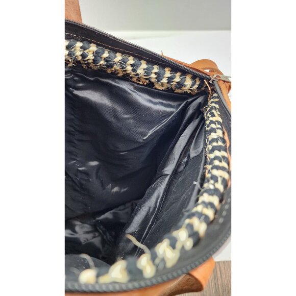 Handwoven Black & Cream Straw Bucket Bag With Leather Trim & Adjustable Strap - Picture 6 of 6